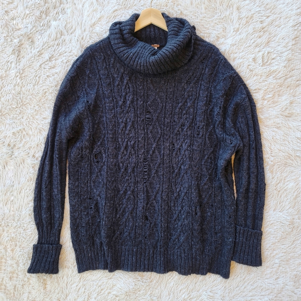 Free‎ People Black Distressed Cowl Neck Pullover Sweater